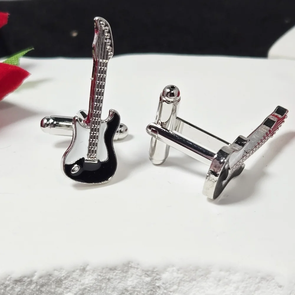 Guitar Cufflinks Silver Musician Tuxedo Prom Wedding Masculine Gift Professional